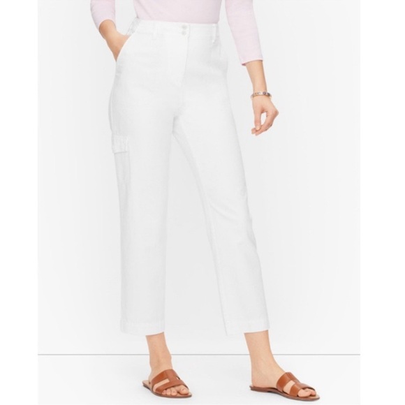Talbots Linen Cotton Linen Blend White Supersoft Cargo Pant Crop Chino Size 10 - Picture 1 of 6